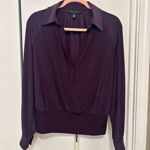 White House Black Market Deep Plum Collared V-Neck Long Sleeve Top
